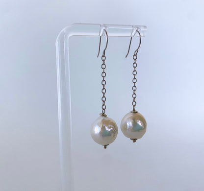 Baroque Pearl Dangle Earring with solid 14k White Gold Chain & Hook