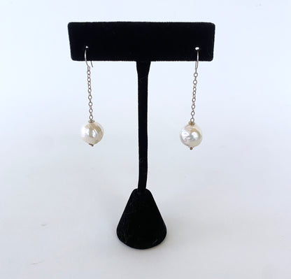 Baroque Pearl Dangle Earring with solid 14k White Gold Chain & Hook