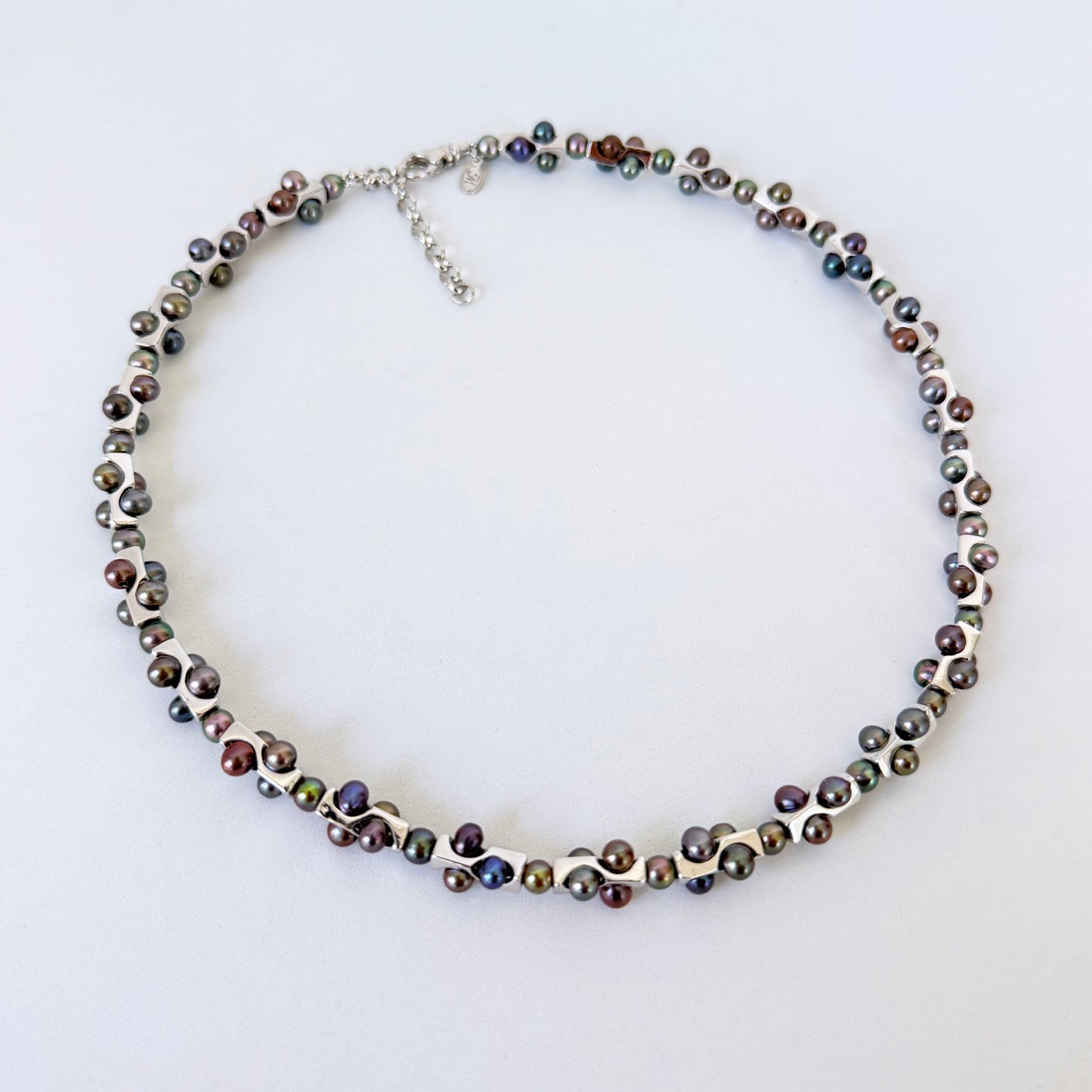 Men's Silver Rhodium Plated Geometric Black Pearl Necklace with Adjustable Clasp