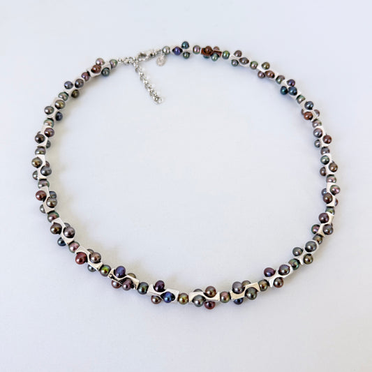 Men's Silver Rhodium Plated Geometric Black Pearl Necklace with Adjustable Clasp
