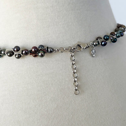Men's Silver Rhodium Plated Geometric Black Pearl Necklace with Adjustable Clasp