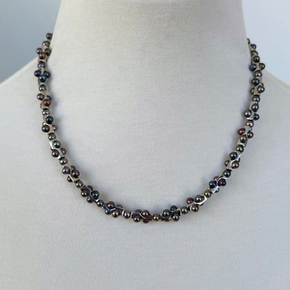 Men's Silver Rhodium Plated Geometric Black Pearl Necklace with Adjustable Clasp