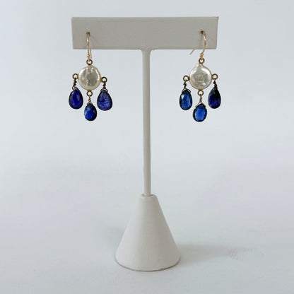 Kyanite, Pearl & 14k Lever Back Chandelier Earrings