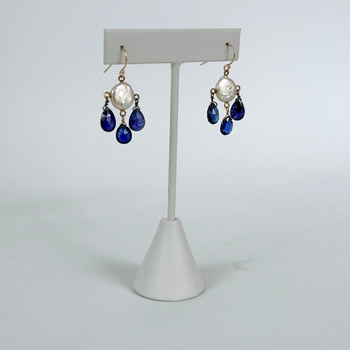 Kyanite, Pearl & 14k Lever Back Chandelier Earrings