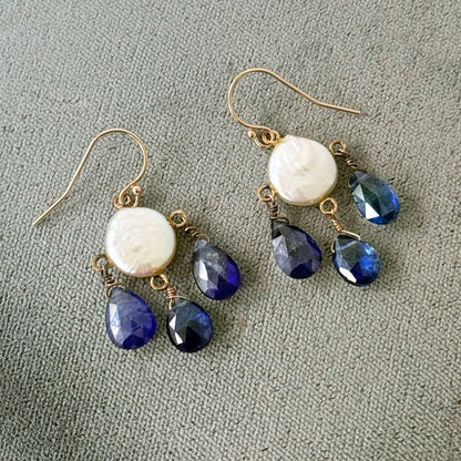 Kyanite, Pearl & 14k Lever Back Chandelier Earrings
