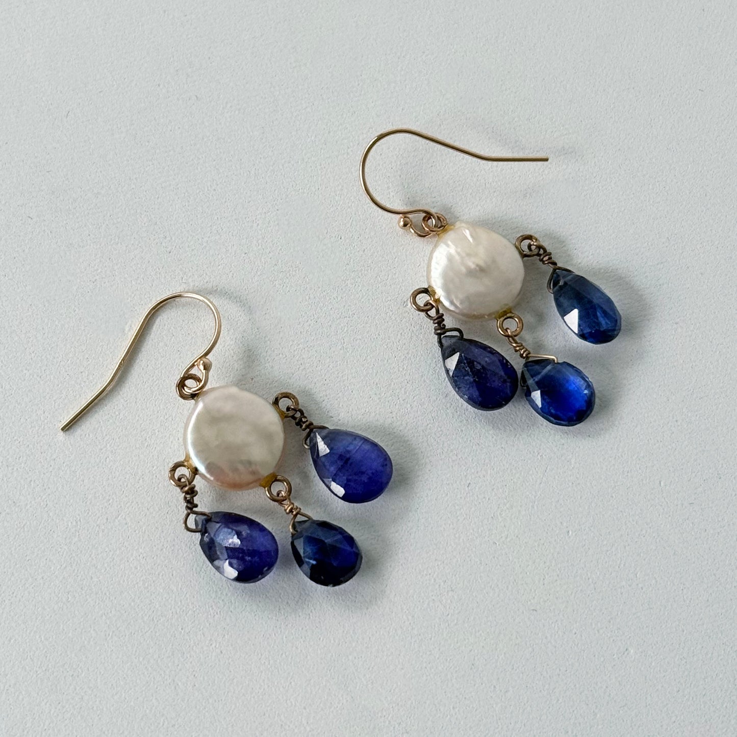 Kyanite, Pearl & 14k Lever Back Chandelier Earrings