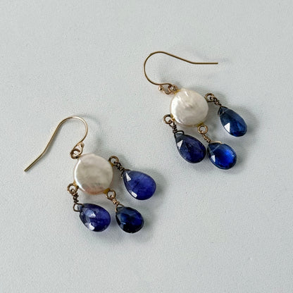 Kyanite, Pearl & 14k Lever Back Chandelier Earrings