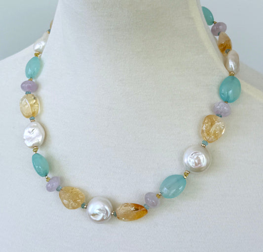 Multi Stone & Baroque Pearl Necklace with Solid Gold Adjustable Clasp