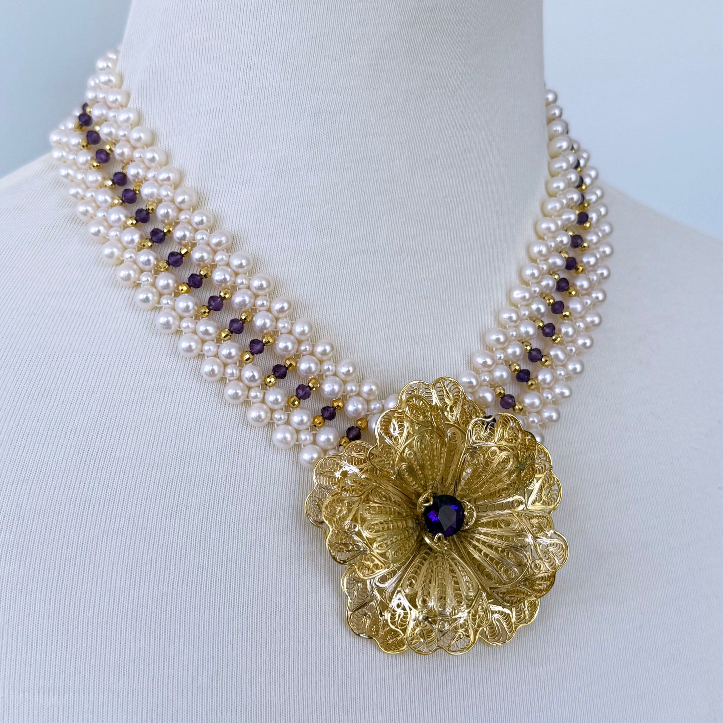 Pearl, Amethyst & 18k Plated Silver Woven Necklace with Floral Centerpiece