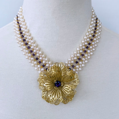Pearl, Amethyst & 18k Plated Silver Woven Necklace with Floral Centerpiece