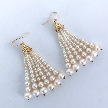 Pearl, Diamond & Solid 14k Yellow Gold Graduated Tassel Earrings