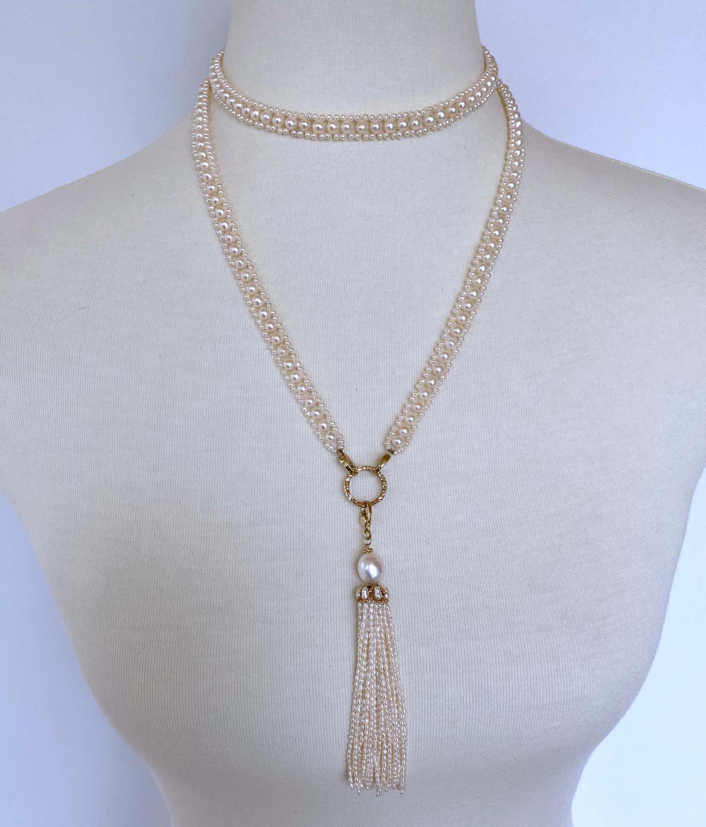 Woven Pearl Necklace with 14k Gold Ring and Removable Pearl Tassel