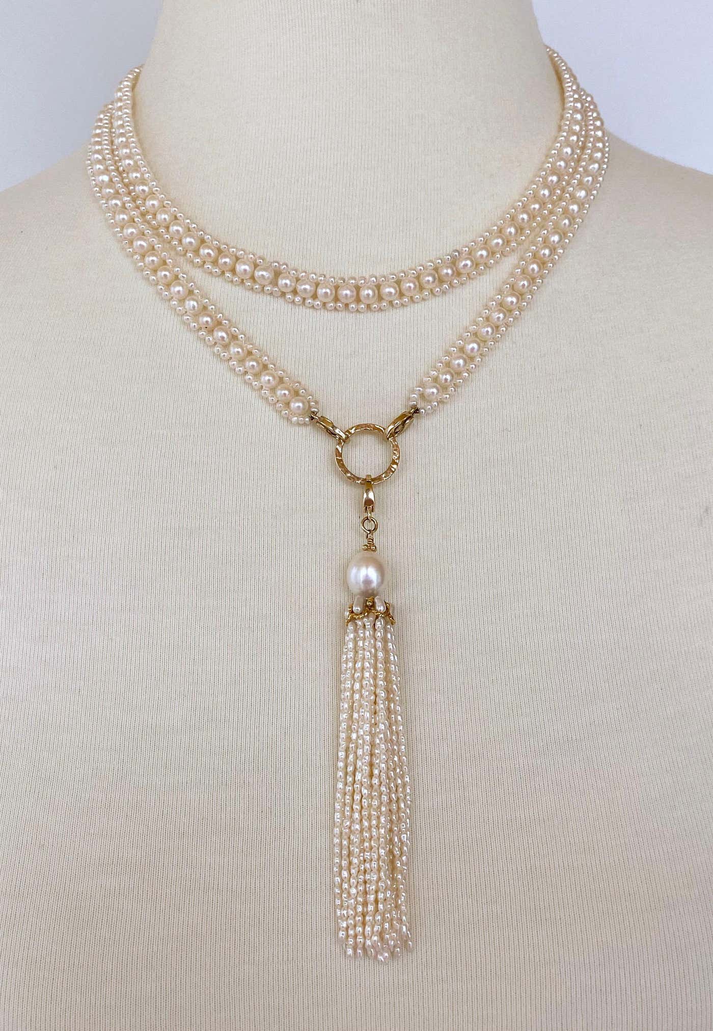 Woven Pearl Necklace with 14k Gold Ring and Removable Pearl Tassel