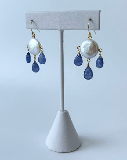Tanzanite, Coin Pearl & Solid 14k Yellow Gold Chandelier Earrings