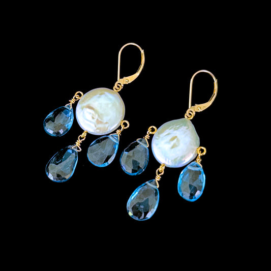 London Blue Topaz & Baroque Pearl Chandelier Earrings with Solid 14k Yellow Gold