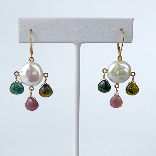 Chandelier Earrings with Pearl, Multicolored Tourmaline & Solid 14k Lever Back Hooks