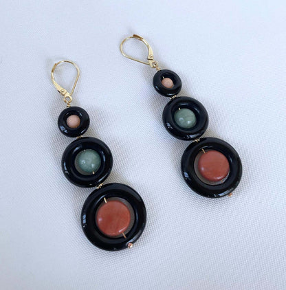 Jade, Coral, Black Onyx & solid 14k Yellow Gold Lever Back Earrings
