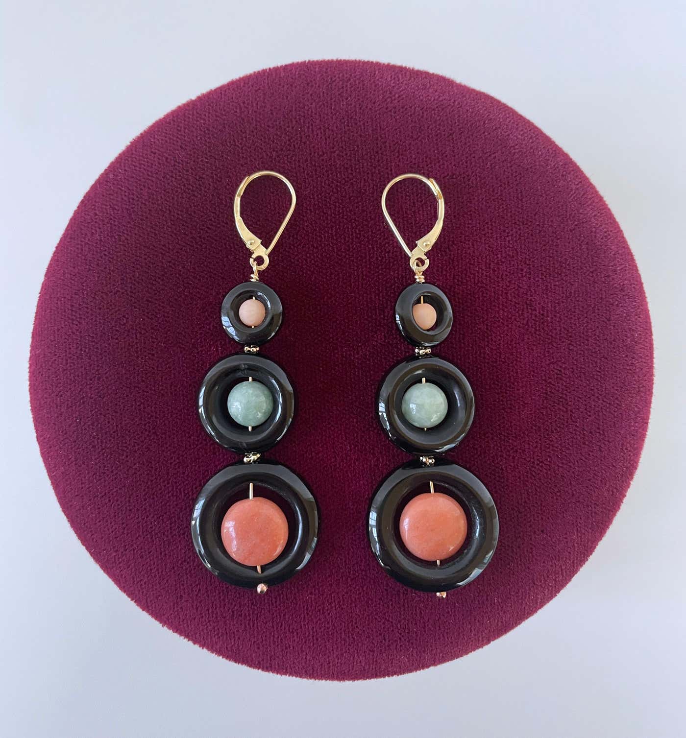 Jade, Coral, Black Onyx & solid 14k Yellow Gold Lever Back Earrings