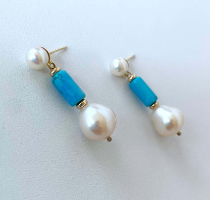 Studded Pearl & Turquoise Earrings with solid 14k Yellow Gold