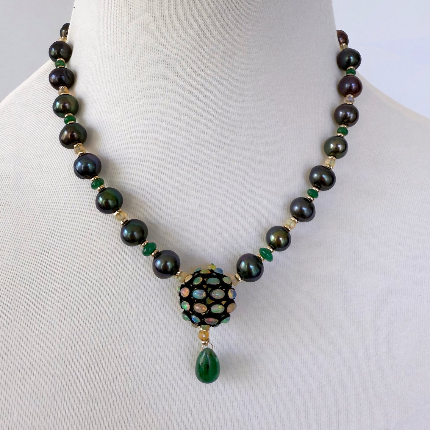 One Of A Kind Emerald, Fire Opal, Black Pearl & Solid 14K Necklace