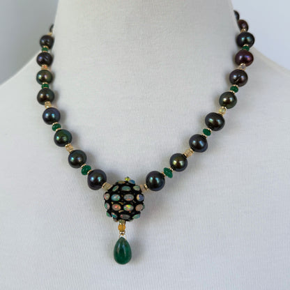 One Of A Kind Emerald, Fire Opal, Black Pearl & Solid 14K Necklace