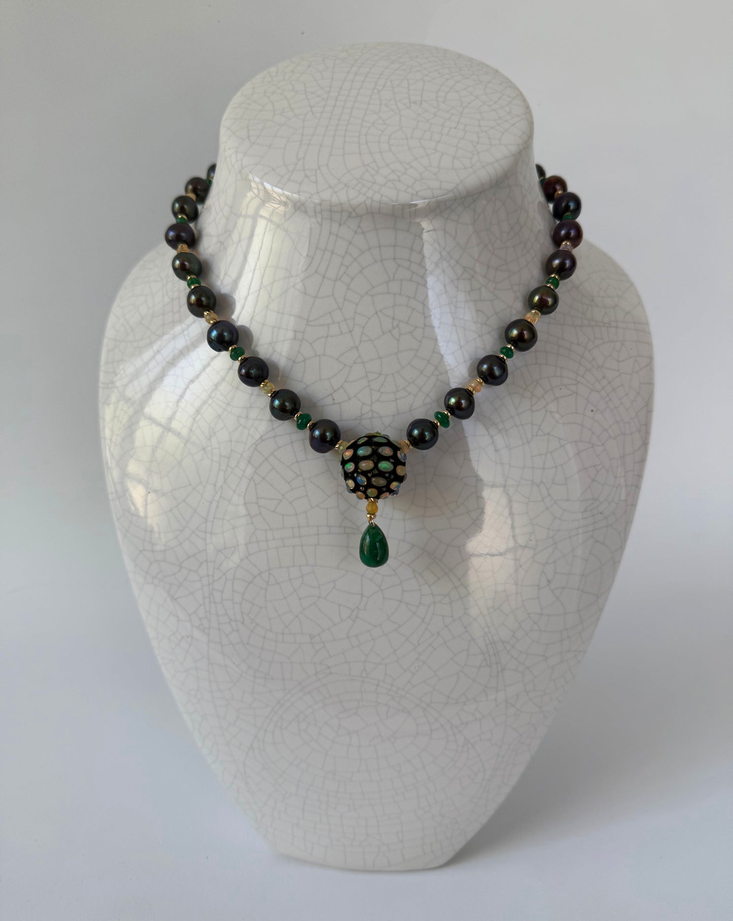 One Of A Kind Emerald, Fire Opal, Black Pearl & Solid 14K Necklace