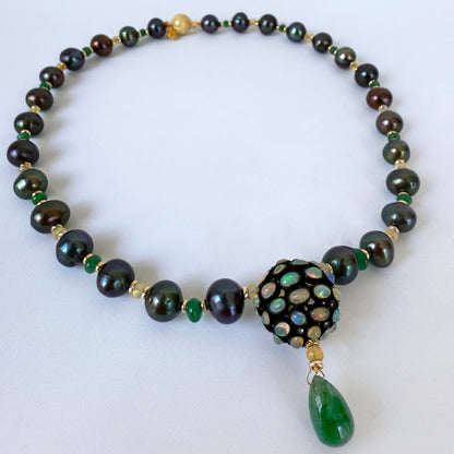 One Of A Kind Emerald, Fire Opal, Black Pearl & Solid 14K Necklace