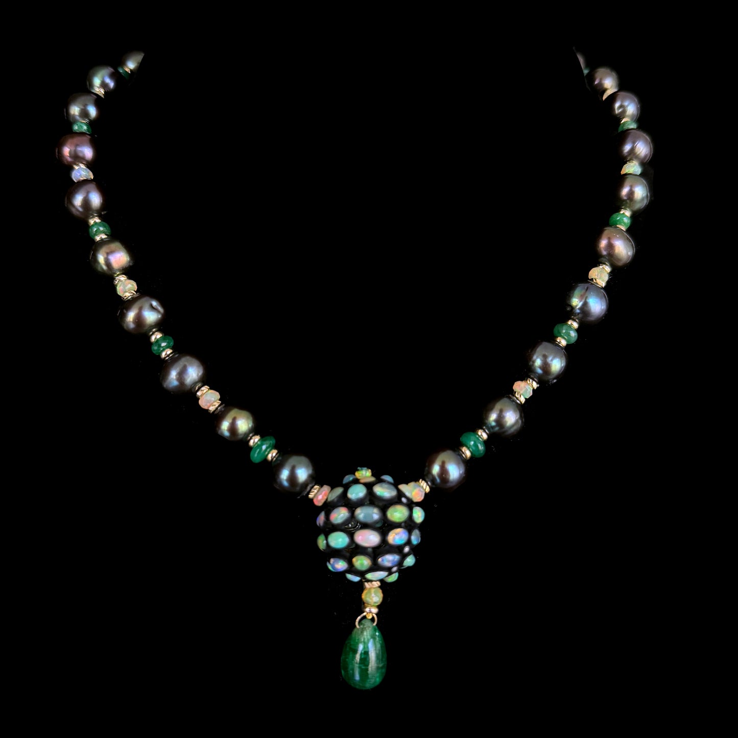 One Of A Kind Emerald, Fire Opal, Black Pearl & Solid 14K Necklace