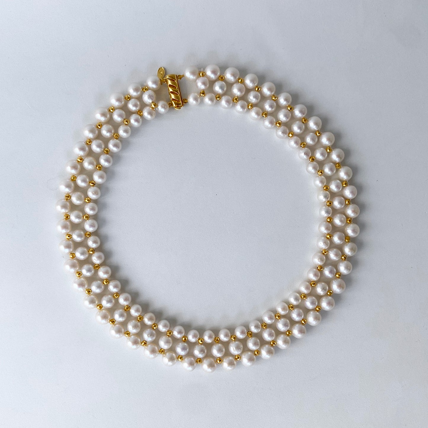 Pearl Woven Necklace with Yellow Gold Plated Faceted Findings & Clasp