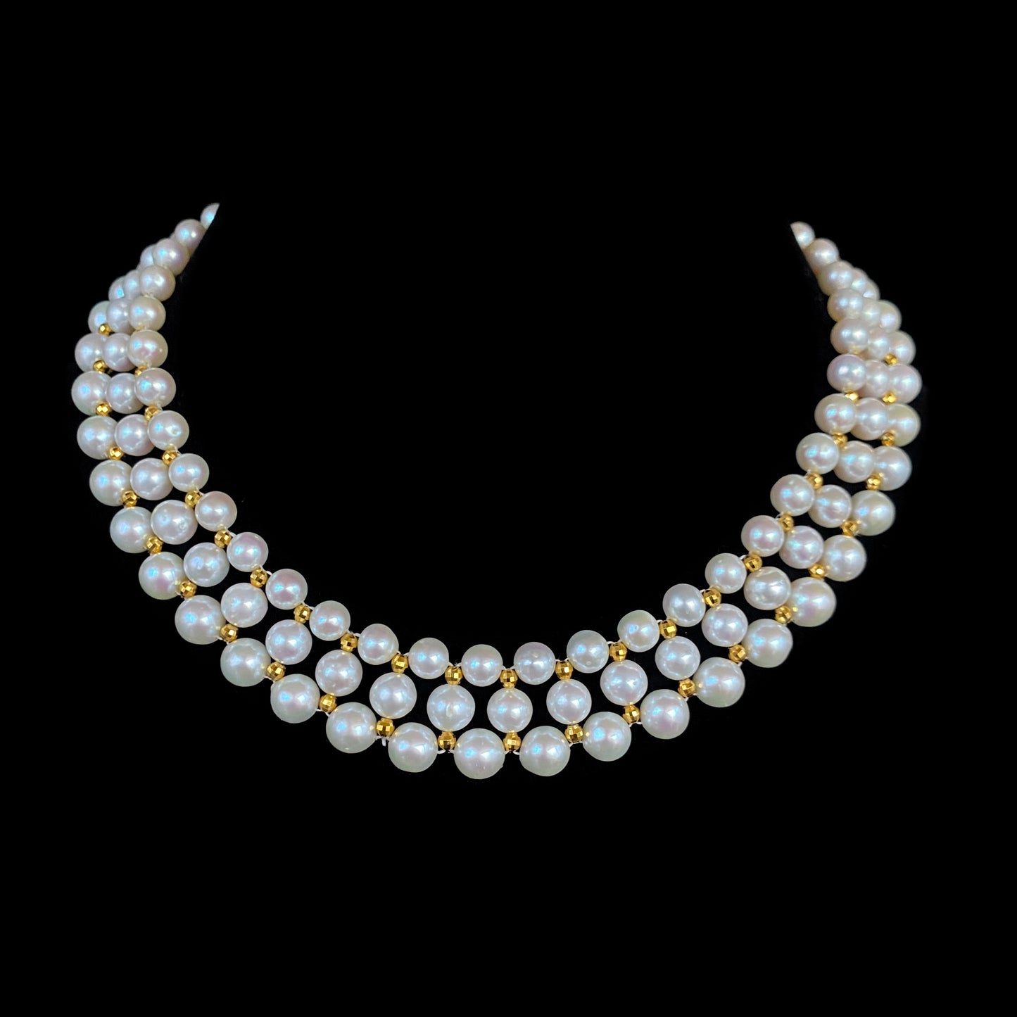 Pearl Woven Necklace with Yellow Gold Plated Faceted Findings & Clasp