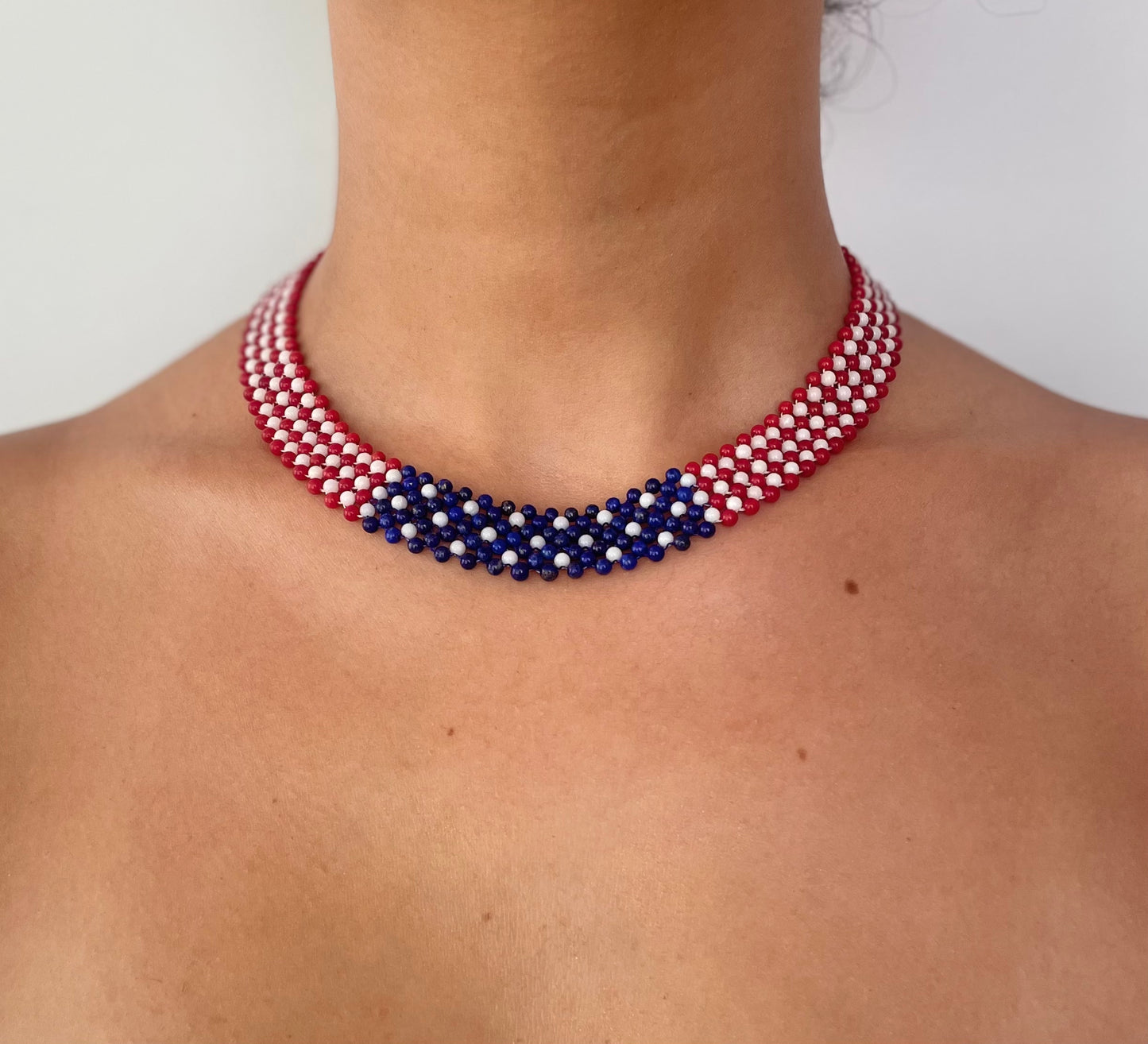 Woven White, Red Coral & Lapis Lazuli American Flag Necklace