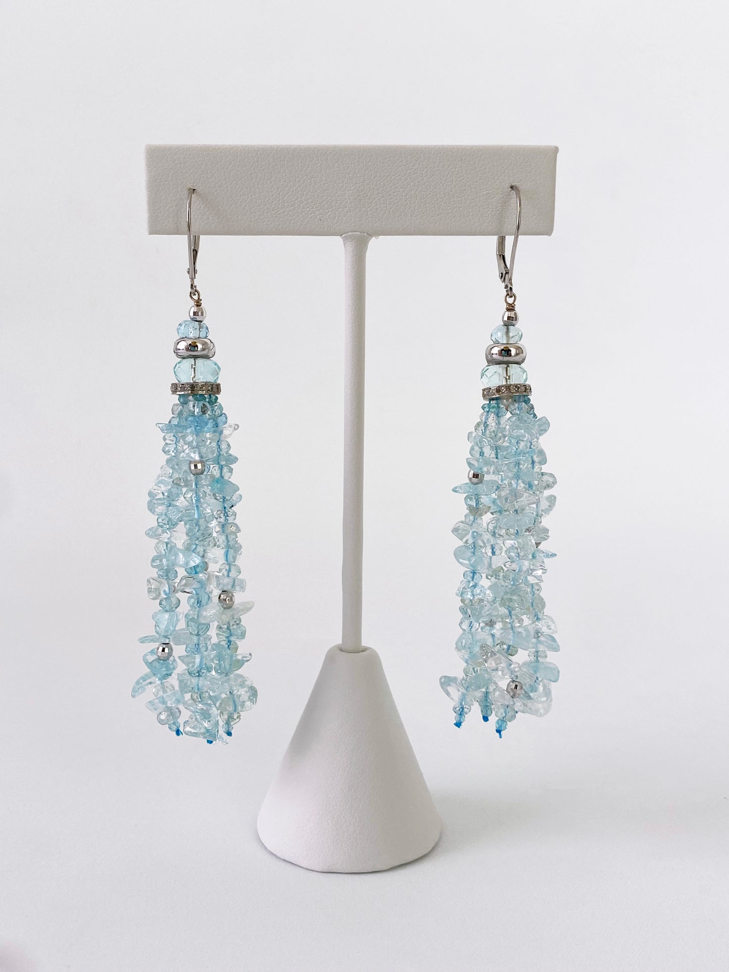 Aquamarine Tassel Earrings with 14k White Gold