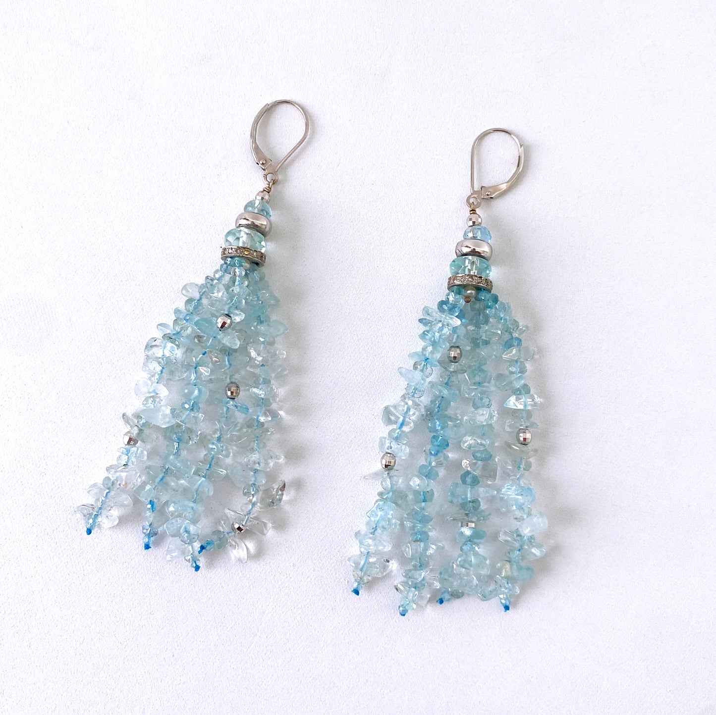 Aquamarine Tassel Earrings with 14k White Gold