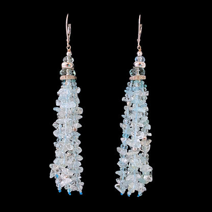 Aquamarine Tassel Earrings with 14k White Gold