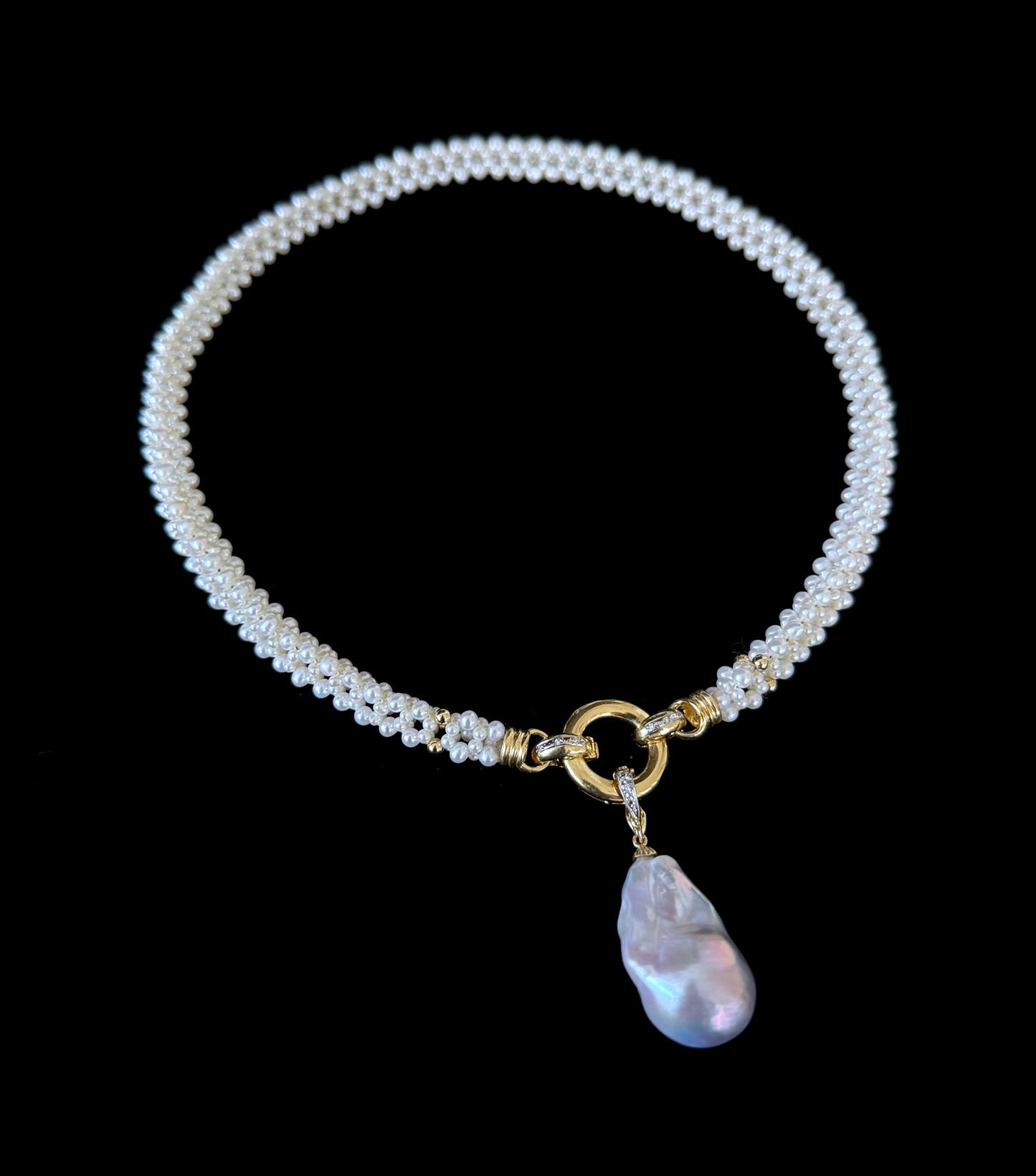 Pearl Woven Rope Necklace with Diamonds, Solid 14k Gold & Baroque Pearl