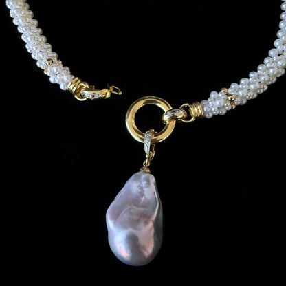 Pearl Woven Rope Necklace with Diamonds, Solid 14k Gold & Baroque Pearl