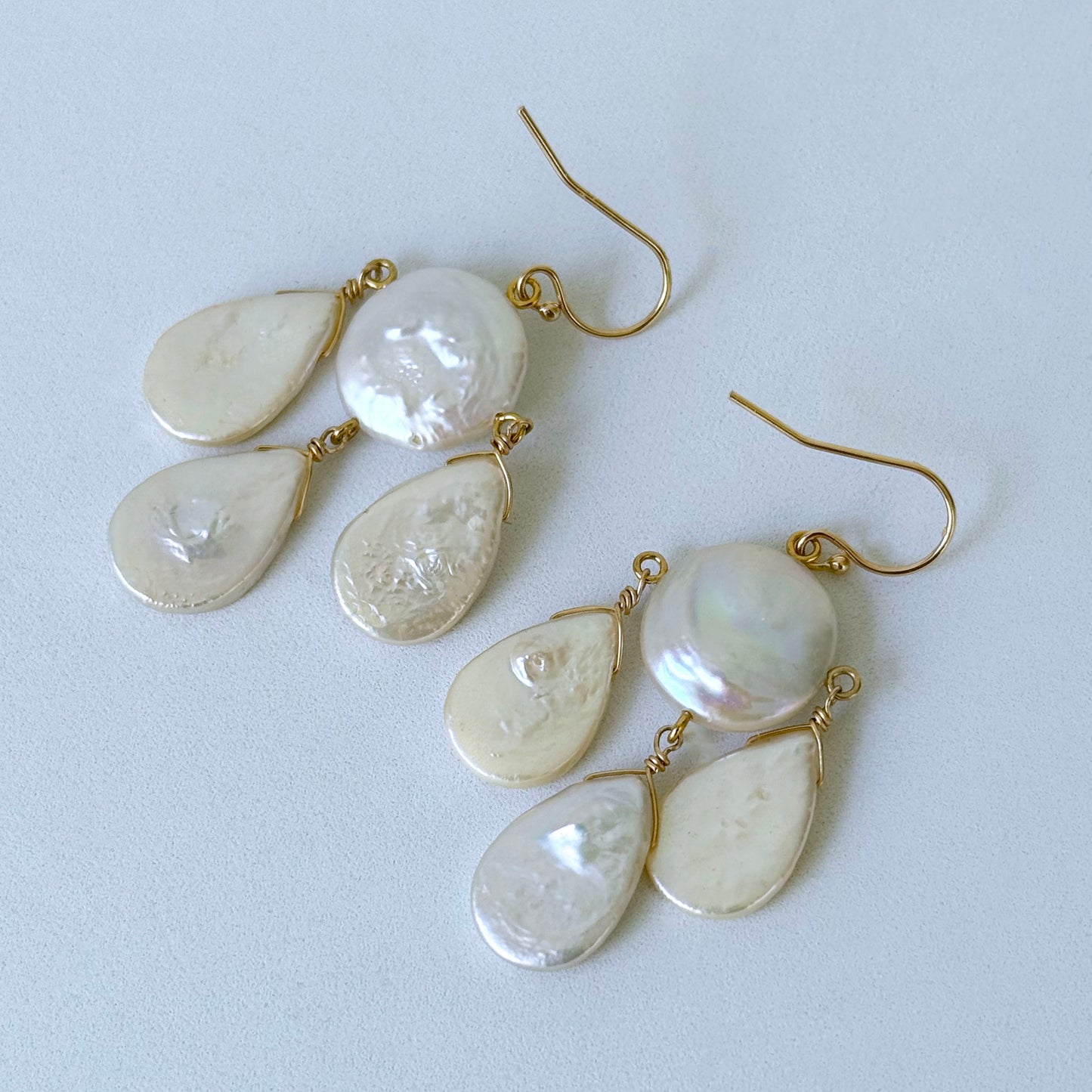 Baroque Coin & Teardrop Pearl Chandelier Earrings with Solid 14k Yellow Gold