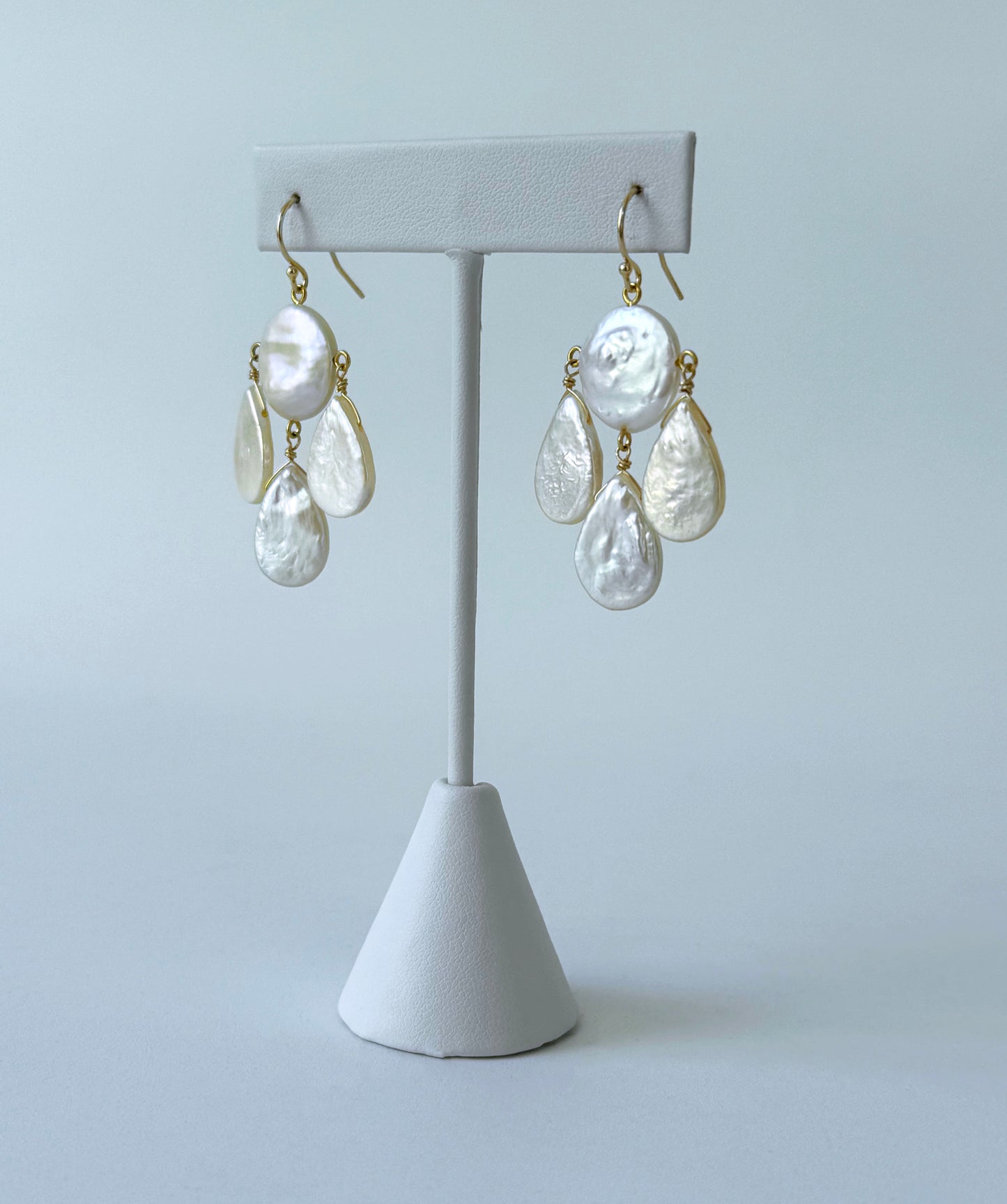 Baroque Coin & Teardrop Pearl Chandelier Earrings with Solid 14k Yellow Gold