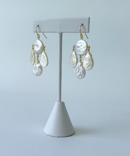 Baroque Coin & Teardrop Pearl Chandelier Earrings with Solid 14k Yellow Gold