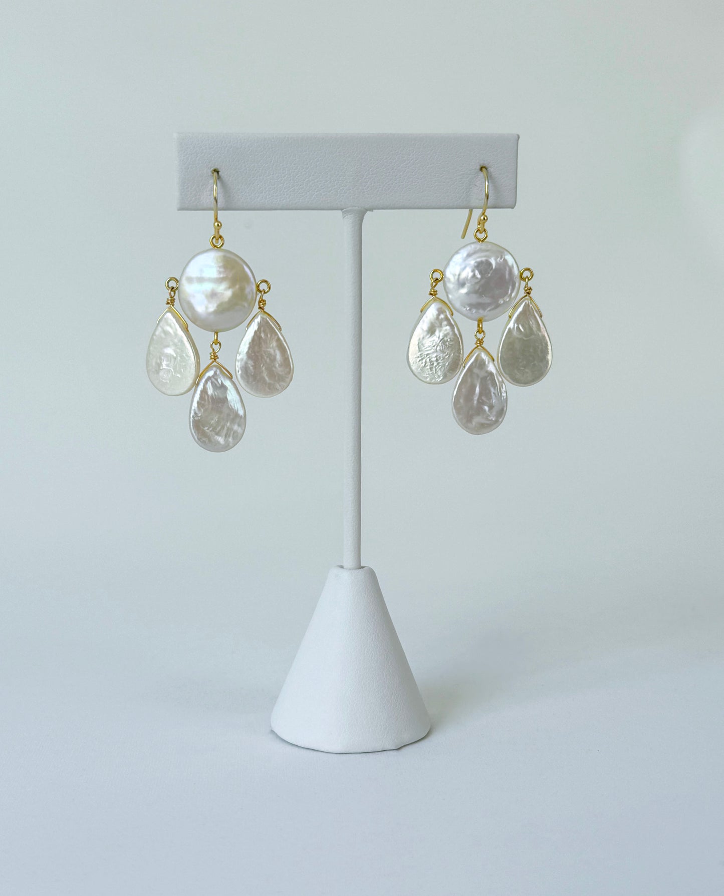 Baroque Coin & Teardrop Pearl Chandelier Earrings with Solid 14k Yellow Gold