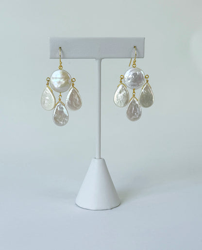 Baroque Coin & Teardrop Pearl Chandelier Earrings with Solid 14k Yellow Gold