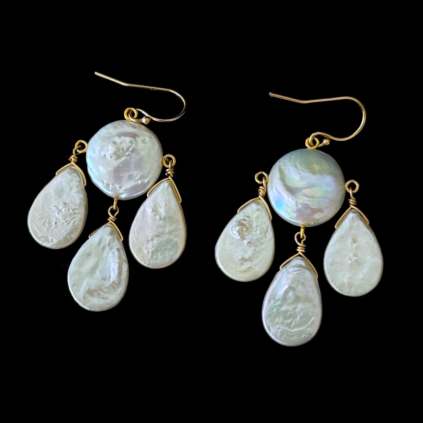 Baroque Coin & Teardrop Pearl Chandelier Earrings with Solid 14k Yellow Gold