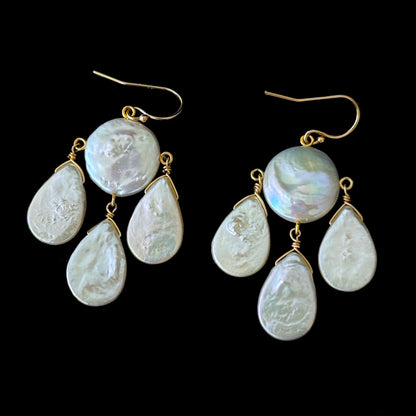 Baroque Coin & Teardrop Pearl Chandelier Earrings with Solid 14k Yellow Gold