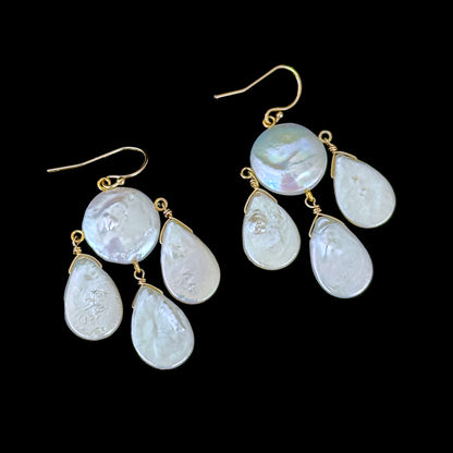 Baroque Coin & Teardrop Pearl Chandelier Earrings with Solid 14k Yellow Gold