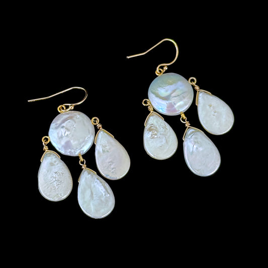 Baroque Coin & Teardrop Pearl Chandelier Earrings with Solid 14k Yellow Gold