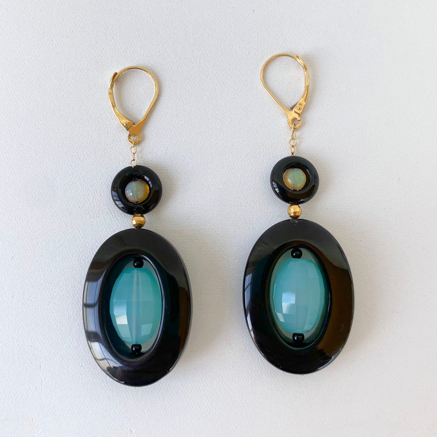 Black Onyx, Apatite, Opal & Solid 14k Yellow Gold Dangle Earrings