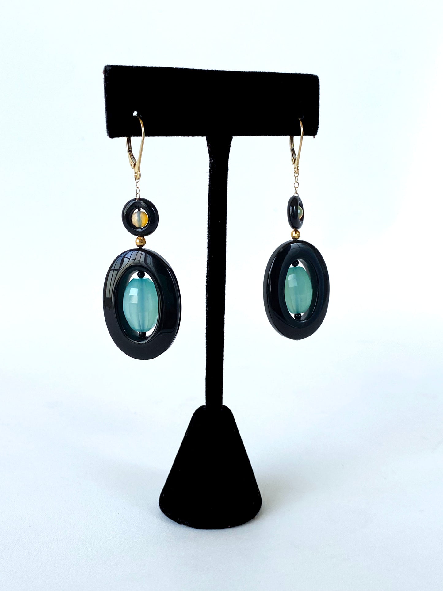 Black Onyx, Apatite, Opal & Solid 14k Yellow Gold Dangle Earrings