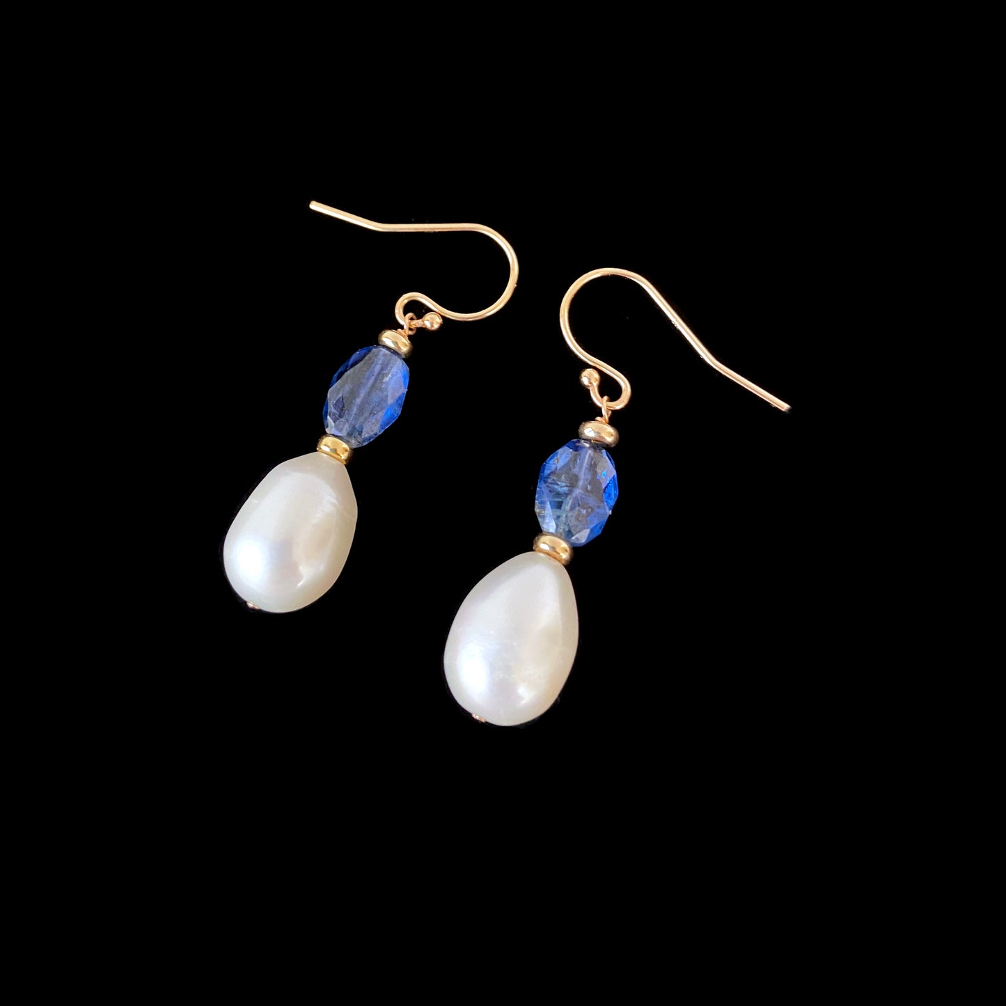 Pearl, Kyanite & Solid 14k Yellow Gold Hook Earrings