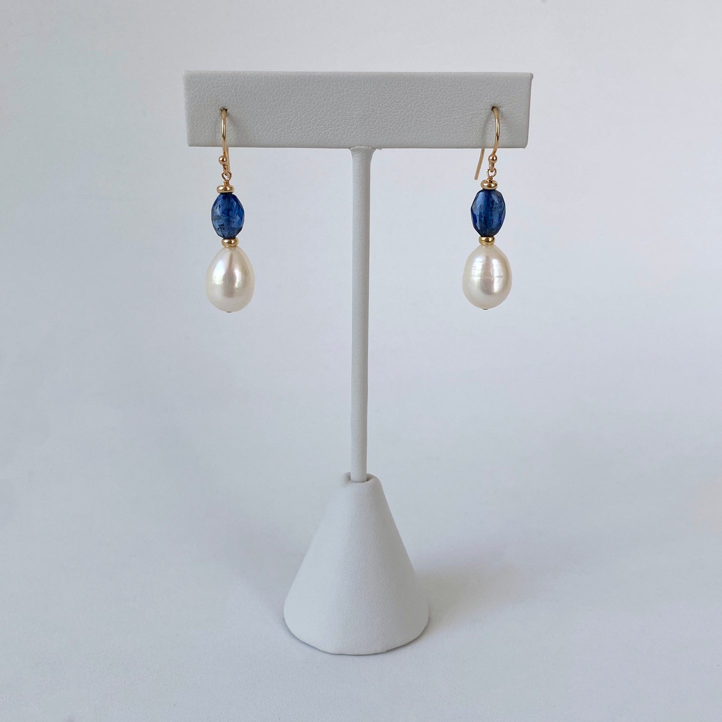 Pearl, Kyanite & Solid 14k Yellow Gold Hook Earrings