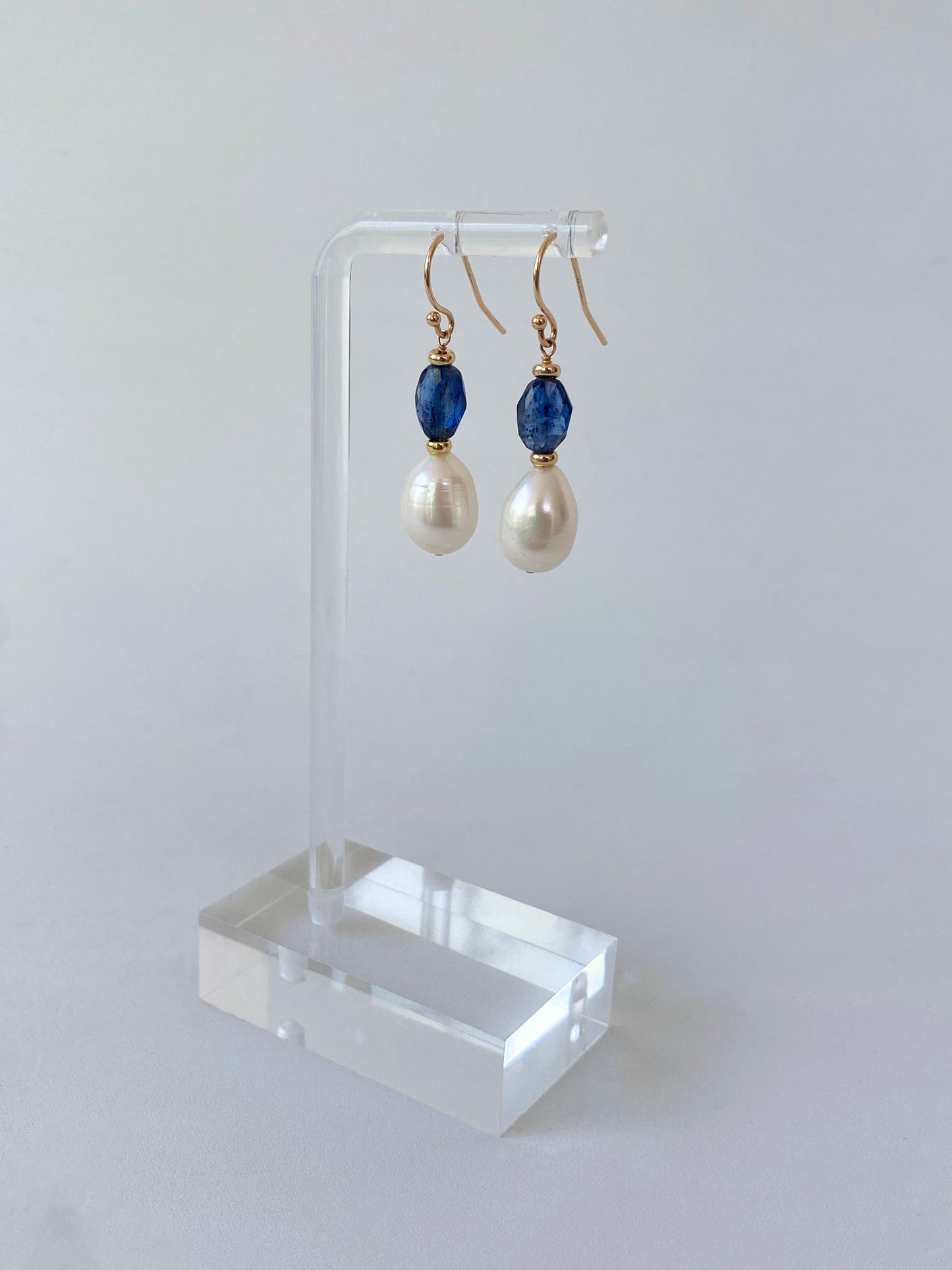 Pearl, Kyanite & Solid 14k Yellow Gold Hook Earrings